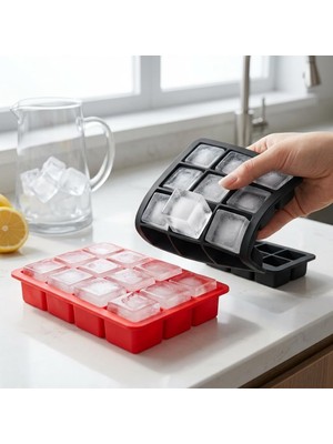 OEM Deconox 2 Adet 15 Gözlü Silikon Buz Kalıbı, Siyah ve Kırmızı Kare Küp Buzluk, 18X12 cm Esnek Buz Kalıbı, 2’li Set Soğuk Içecek Limonata Kahve Kokteyl Sunumları Için Silikon Buzluk