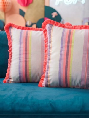Odea Renkli Çizgili Dekoratif Yastık Kılıfı Fuşya Püsküllü 45X40 cm