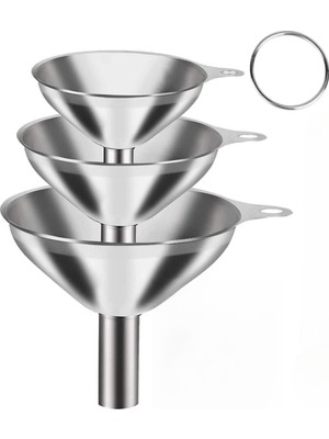 OEM Mallart® Paslanmaz Çelik Mini Huni Seti (3'lü) - 7.5 Cm, 5.5 Cm, 4.5 cm Dar Ağızlı Sıvı ve Baharat Hunisi, Tutucu Halkalı Mutfak ve Şişe Aktarma Seti