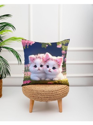 Odea Kedi Fotoğraflı Pembe Çiçek Desenli Dijital Baskılı Dekoratif Kırlent Yastık Kılıfı