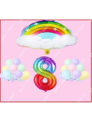 Nexoraa Bulutlu Gökkuşağı Temalı Makaron Balon 8 Yaş Doğum Günü Parti Seti
