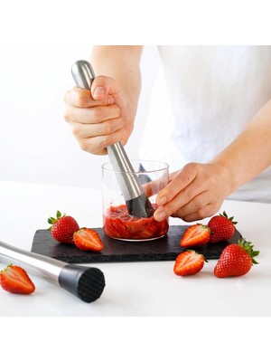 OEM Mallart® Paslanmaz Çelik Kokteyl Havanı 20 cm - Dişli Uçlu Meyve ve Nane Ezici, Mojito Havanı, Profesyonel Barmen Tokmağı, Bar Ekipmanı, Gümüş/siyah