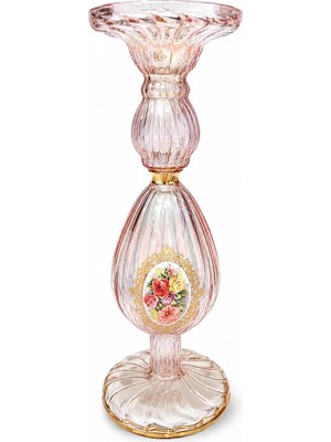 Odea Dekoratif Cam Mumluk, Pembe Çiçek Desenli, 30 cm Yükseklik, Vintage Tarz