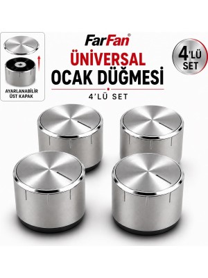 OEM Farfan Universal Set Üstü ve Ankastre Ocak Düğmesi 4'lü Set - Ayarlanabilir Üst Kapak, Inox Görünümlü, D Tipi Mil Uyumlu Gazlı Ocak Düğme Takımı