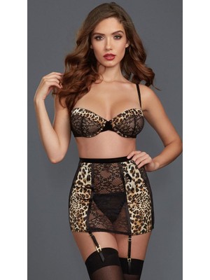 Özkaya Store New Dreams Modern Şık Rahat Leopar Desenli Tüllü Etekli Gecelik Kombin Set