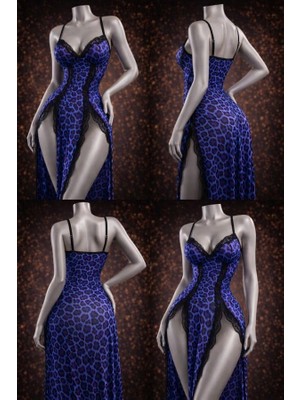 OEM Mavi Leopar Desenli Yırtmaçlı G-String Tanga Dahil Seksi Kadın Fantezi Gecelik Takımı L/xl