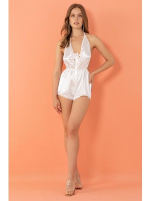 Özkaya Store Miorre Sırt ve Göğüs Dekolteli Saten Şortlu Tulum,ekru S/M,9730570548953