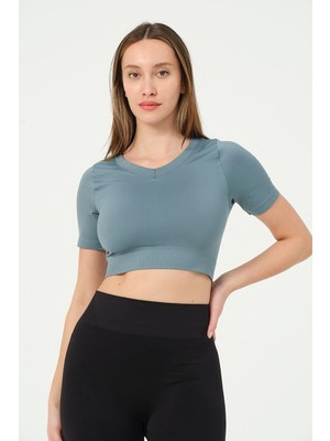 Özkaya Store Forever More Kadın V Yaka Kısa Kollu Dikişsiz Esnek T-Shirt Crop Top Turkuaz-Xs