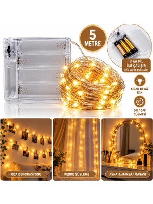 Odea Tr Peri 5 Metre 3 Aa Pilli Sıcak Beyaz LED Işığı – Dekoratif Tel Işık Zinciri Oda Ayna Perde Süsü