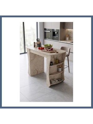 Bezos Mutfak Masası Mutfak Adası Ada Masa Bar Masası Kahvaltı Masası Raflı Çok Amaçlı Dolap Modern Masa 120X60 cm 9835 Traverten BZS10