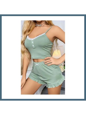 Bezos Kadın Yeşil Dantel Detaylı Şortlu Gecelik Pijama Takımı 5014 · Beden: L/xl · Renk: Yeşil Agc