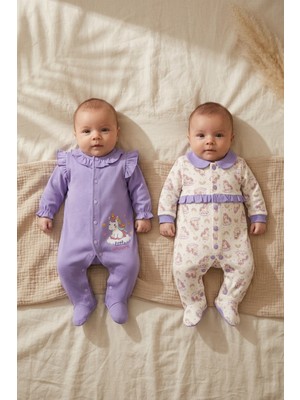 Aymora Lila Unicorn 3'lü Bebek Tulum ve Bere Seti - %100 Pamuklu, Yeni Doğan Takımı 0 3-3-6