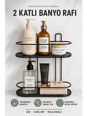 Odea Tr Metal Siyah Yapışkanlı Banyo Düzenleyici 2 Katlı Banyo Rafı Şampuanlık ve Duş Rafı Organizer MT127S