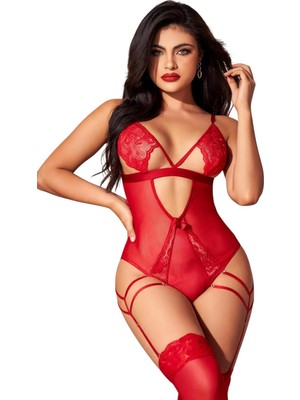OEM New Dreams Kırmızı Dantel Detaylı Fantazi Bodysuit Jartiyer Takımı, Çarpıcı ve Baştan Çıkarıcı Tasarım