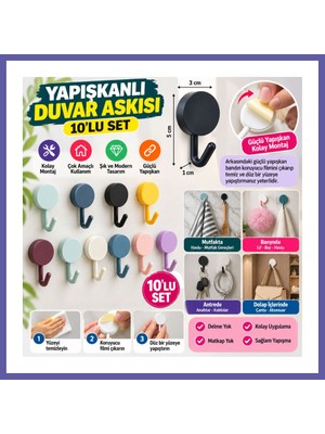 Nida 10 Lu Plastik Kendinden Yapışkanlı Renkli Askı Seti Nıda