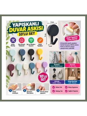 Bezos 10 Lu Plastik Kendinden Yapışkanlı Renkli Askı Seti Bezos1