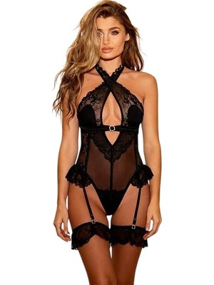 OEM For Dreams Kadın Siyah Dantel Gecelik, Askılı Jartiyer Detaylı, Şeffaf Tül, Seksi Iç Çamaşırı Takımı 8621