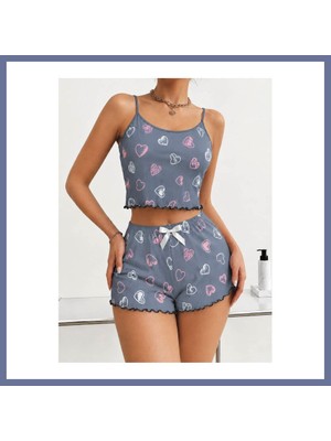 Bezos Kadın Gri Kalp Desenli Dantel Askılı Şortlu Pijama Takımı 5265 · Beden: S/m · Renk: Gri Dlra