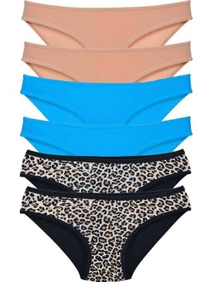 Northcity 6 Adet Likralı Kadın Slip Külot Leopar Ten Mavi
