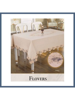 Bezos Keten 3D Işlemeli Tek Masa Örtüsü 160X260CM Dantelli Yemek Masası Örtüsü Flowers Model Kapiçino BZS10