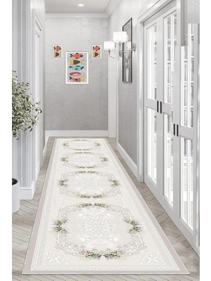 Die Grup Pelangi Çiçek Desenli Çerçeveli Dijital Baskı Yıkanabilir Kaymaz Taban Vintage Salon Halı ve Yolluk (Vizon), Vizon 80 x 300, 955551614803007