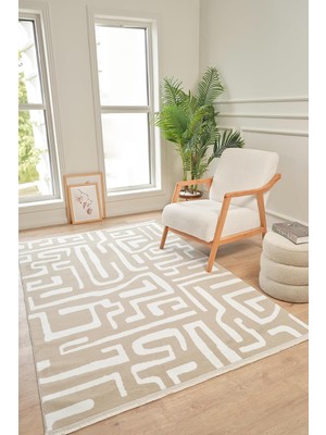 Die Grup Moderno 3335 Bej Beyaz Modern Desenli Dokuma Halı Salon Oturma Odası Mutfak Halısı Tozumaz Makine Halısı