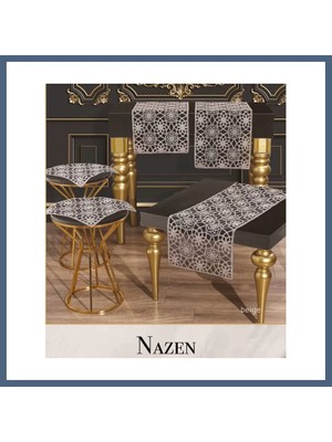 Bezos Nazen Model Bej 5 Parça Tül Işlemeli Runner Seti Zarif Salon Takımı BZS10