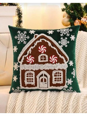 Die Grup Noel Zencefilli Kurabiye Evi Yastık Kılıfı, Peppermint Süslemeli, Kar Taneli Tasarım, Dekoratif Kış Temalı 1 Adet