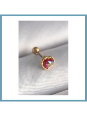 Bezos 316L Çelik Gold Renk Kırmızı Mineli Kalp Tragus Piercing MBT06