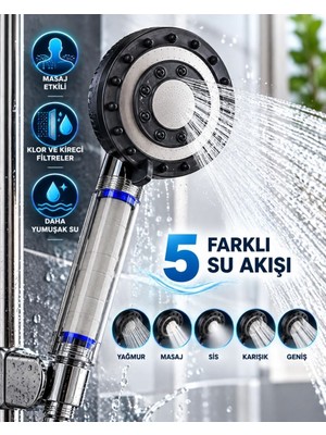 Royaleks Klor ve Kireç Filtreli Duş Başlığı 5 Farklı Su Akışı Masaj Etkili Filtreli Duş Başlığ�