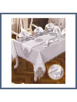 Bezos Elegant Linen Krem-Gümüş 26 Parça 12 Kişilik 160 × 260 cm Masa Takımı BZS10