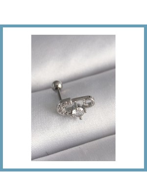 Bezos 316L Çelik Gümüş Renk Zirkon Taşlı Toplu Iğne Tragus Piercing MBT06