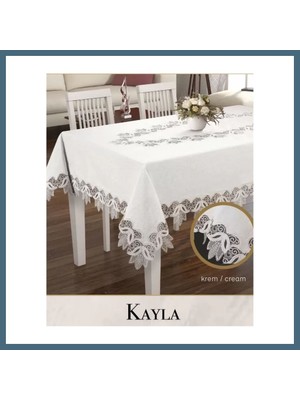 Bezos Keten Masa Örtüsü Tablecloth 155X260 cm Dantel Masası Örtüsü Kayla Model Krem Agc