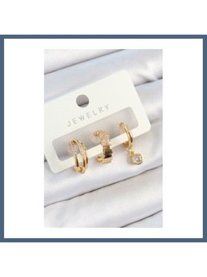 Bezos Pirinç Zirkon Taşlı Halka Model Gold Renk 3'lü Çift Kadın Küpe Set BZS10