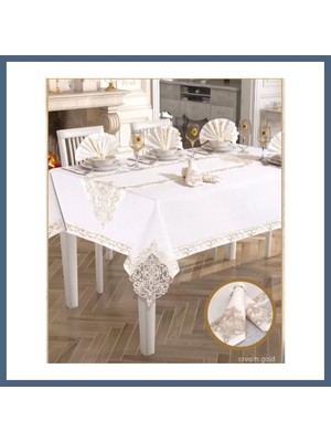 Bezos 26 Parça Elegant Linen Krem-Gold 12 Kişilik Şık Çeyizlik Masa Takımı 160 × 260 cm Runner BZS10
