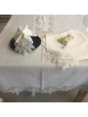 TKÇ Sofra Takımı Lady Gardenya Keten Yemek Takımı 160X220 Masa Seti 26 Parça Runner Set Kreme Gold