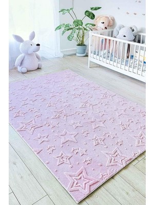 Tr Stary Premium Puffy Peluş Kendinden Desenli Yıldızlı Kaymaz Taban Çocuk Halısı Oyun Halıs