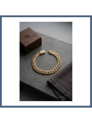 Bezos Cuban Zincir Model Zirkon Taşlı Gold Renk Erkek Bileklik BZS10