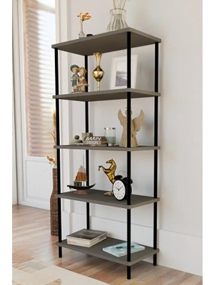 Gy Atelier 5 Raflı Modern Metal Gövdeli Kitaplık Çevir-Tak Kolay Kurulum Çalışma Odası, Salon, Ofis Kullanımı Antrasit