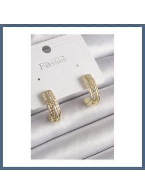 Bezos Pirinç Gold Renk Zirkon Taşlı Yarım Halka Model Kadın Küpe BZS10
