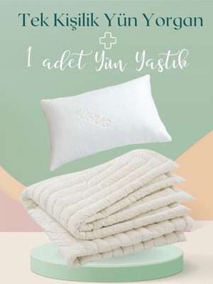 Gy Atelier El Yapımı Tek KIŞILIK%100 Doğal Yün Yorgan 1 ADET%100 Yün Dolgulu Yastık, Beyaz