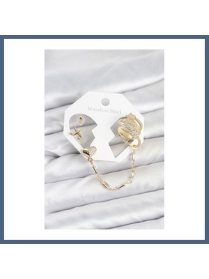 Bezos Kalp Yıldız Model Pirinç Gold Renk Zincir Bağlantılı Ear Cuff Küpe Seti BZS10
