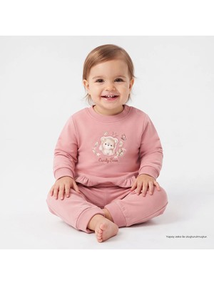 Bebetto Kız Bebek Sweatshirt-Alt Ayı Baskılı Bisiklet Yaka Long Sleeve Patiksiz