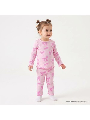 Hellobaby Kız Bebek Pijama Takımı Fiyonk Baskılı Bisiklet Yaka Çıtçıtlı Uzun Kol Uzun Paça