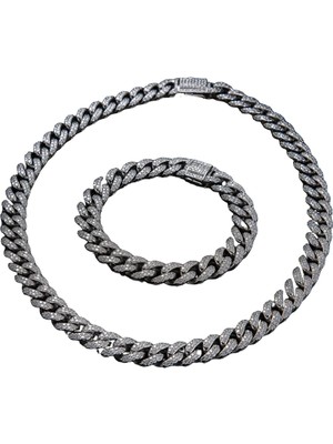 Tr Erkek Taşlı Cuban Chain Bileklik ve Kolye Set Zirkon Taşlı Hip Hop Rapçi Stil Paslanmaz Çel