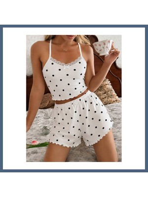 Bezos Kadın Beyaz Puantiyeli Dantelli Yumuşak Askılı Şortlu Pijama Takımı 5267 BZS10