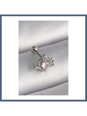 Bezos 316L Çelik Gümüş Renk Pembe Mineli Kalp Zirkon Taş Detay Tragus Piercing BZS10