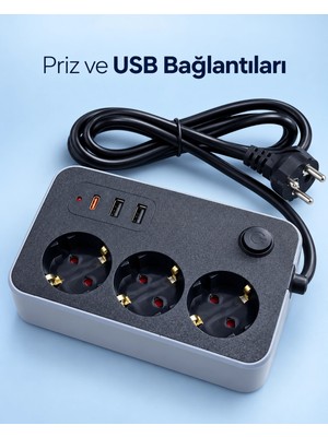Mey İthalat Mey Ithalat® Elektrik ve Şarj Bağlantılarını Bir Arada Sunan USB ve Type C Çıkışlı Akım Korumalı Priz