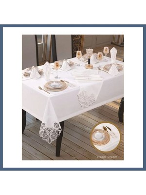 Bezos Taç Keten Krem-Krem 12 Kişilik 26 Parça 160 × 220 cm Şık Premium Sofra Takımı BZS10