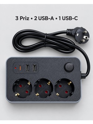 Mey İthalat Mey Ithalat® Ev ve Ofis Kullanımına Uygun USB ve Type C Şarj Çıkışlı Akım Korumalı Çoklu Priz